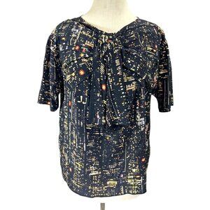 Marc Jacob Blouse Womens Size 4 Black Silk Retro Abstract Print Short Sleeve Bow